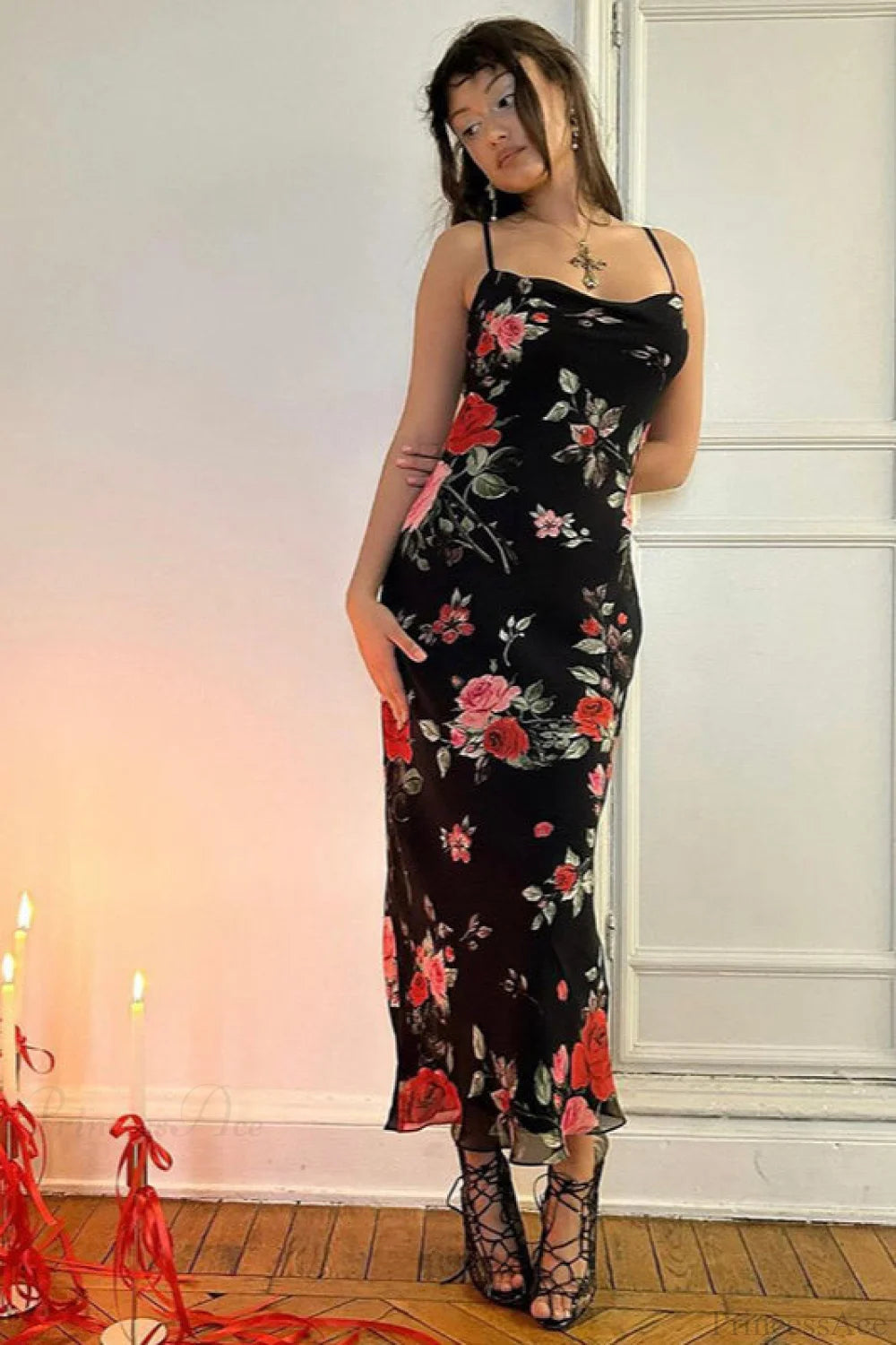 Retro Floral Cami Fitted Bodycon Maxi Dress