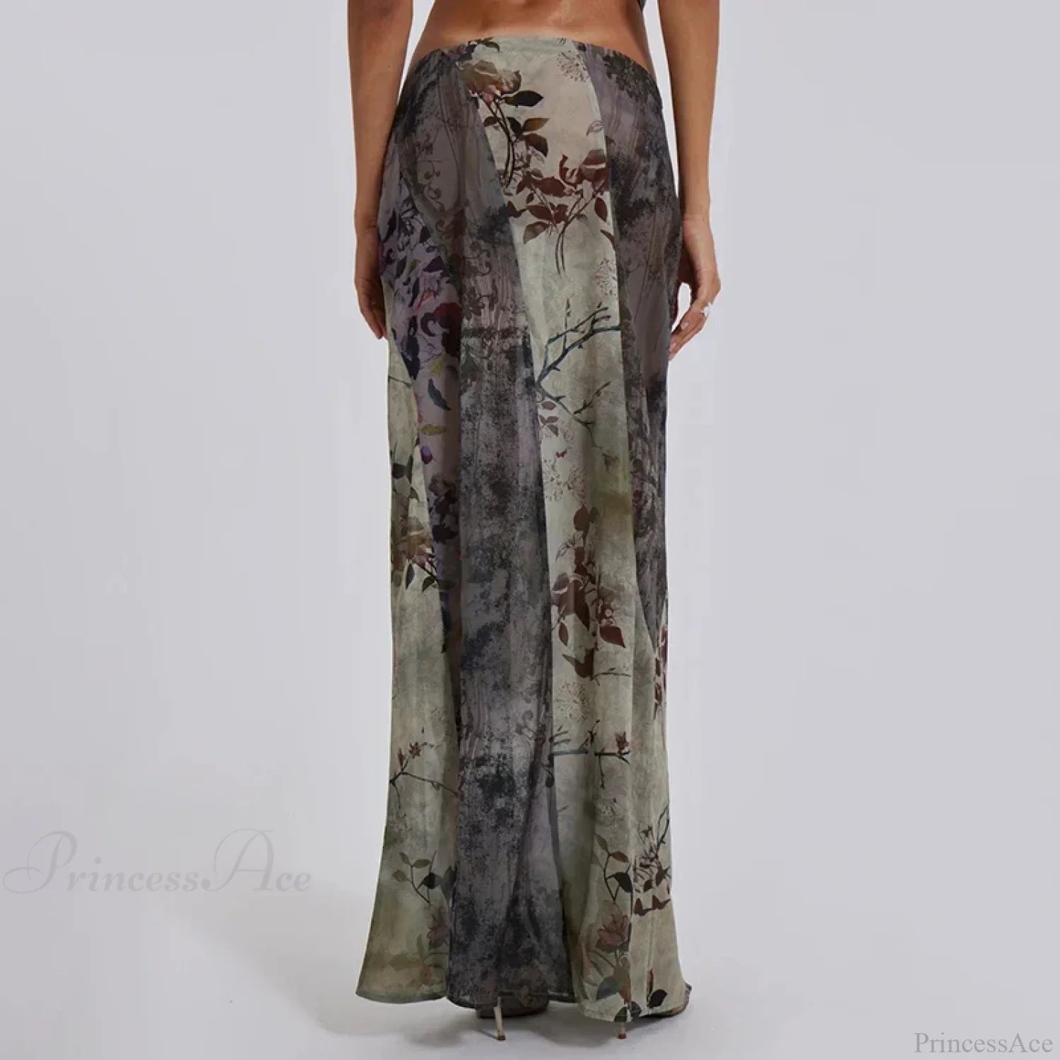 Retro Floral Print Long Patchwork Mesh Low Rise Skirt skirt-250126