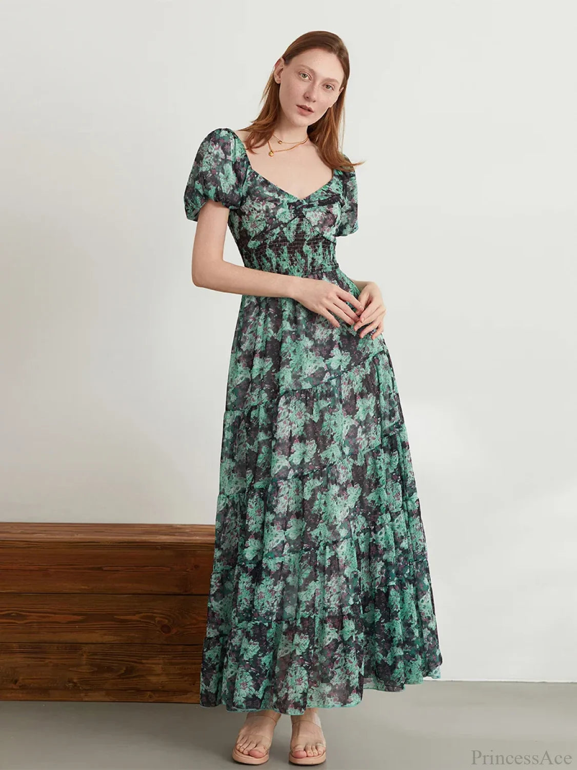 Retro Floral Print Swing Puff Short Sleeve Sweetheart Neck A-Line Beach Dress GREEN3 / S floraldress-250126
