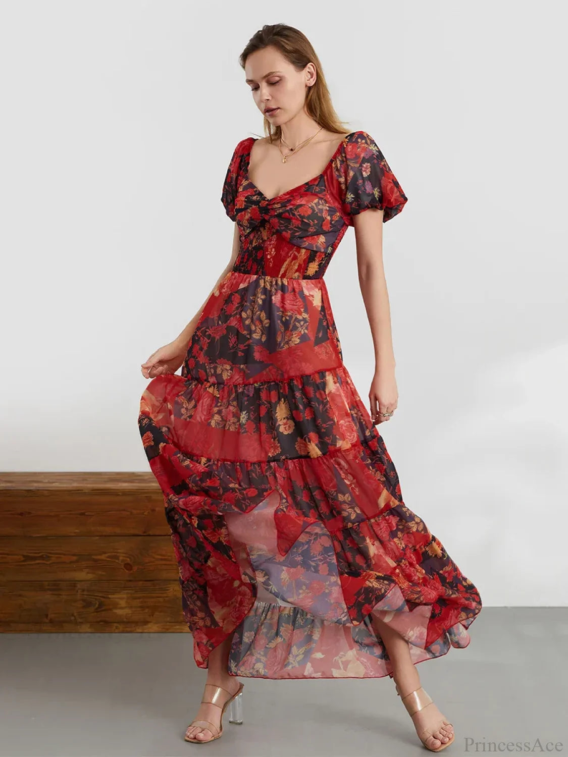 Retro Floral Print Swing Puff Short Sleeve Sweetheart Neck A-Line Beach Dress RED2 / S floraldress-250126