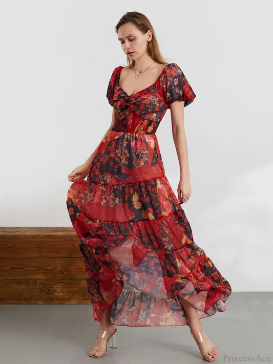 Retro Floral Print Swing Puff Short Sleeve Sweetheart Neck A-Line Beach Dress RED2 / S floraldress-250126