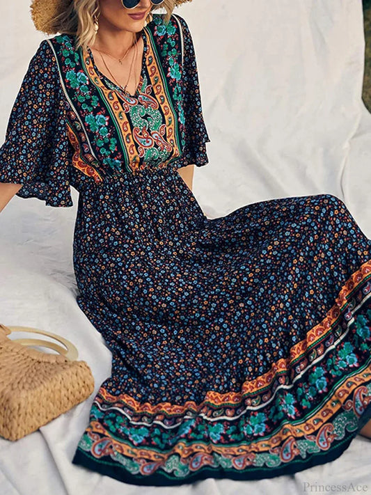 Retro Floral Print V-neck Boho Sundress Black / S bohodress-250126
