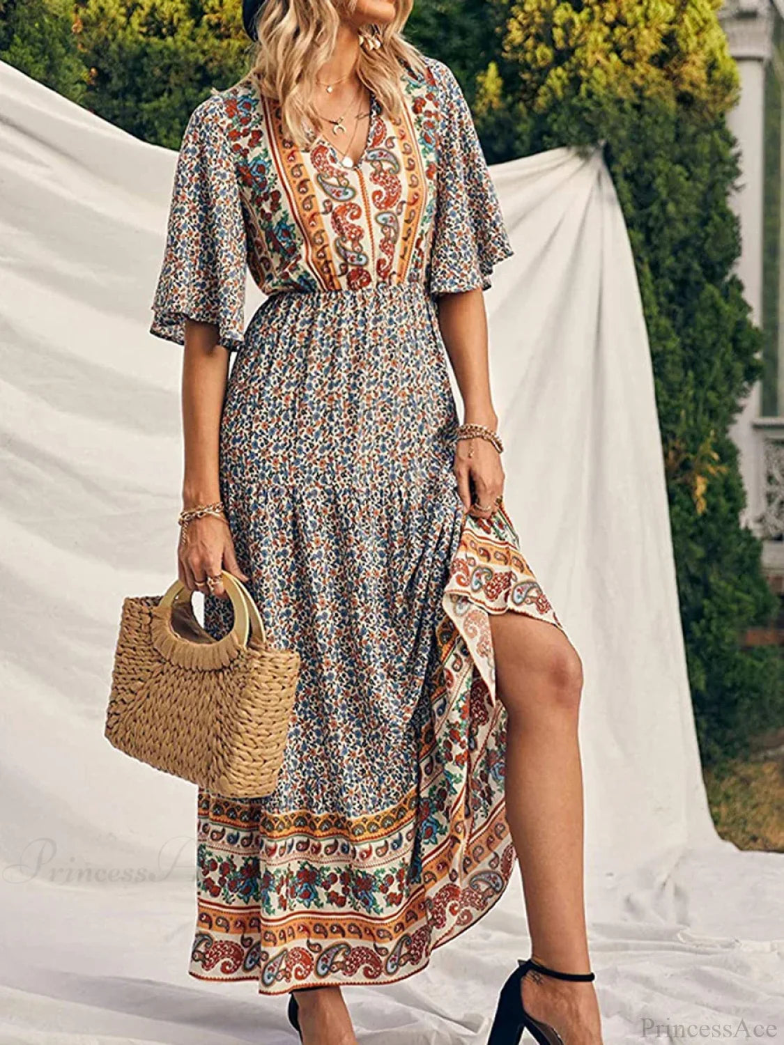 Retro Floral Print V-neck Boho Sundress Yellow / S bohodress-250126