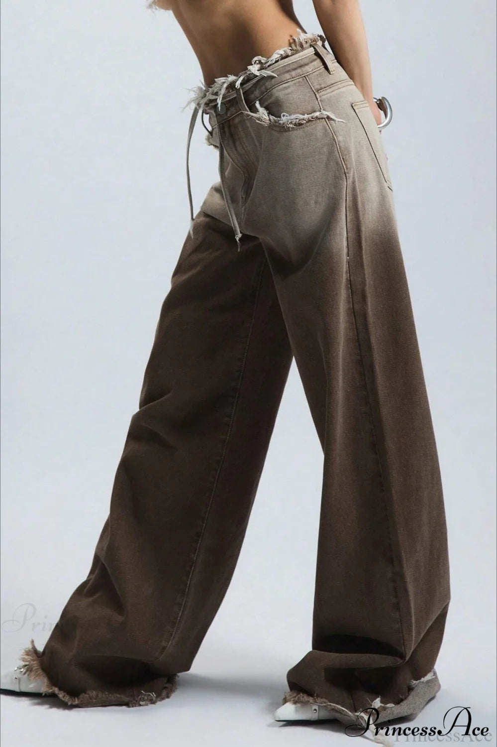 Retro Frayed Waist Ombre Straight Wide Leg Jeans