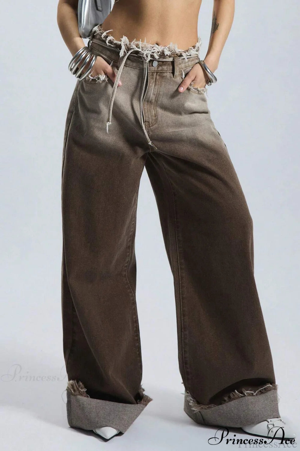 Retro Frayed Waist Ombre Straight Wide Leg Jeans Brown / S