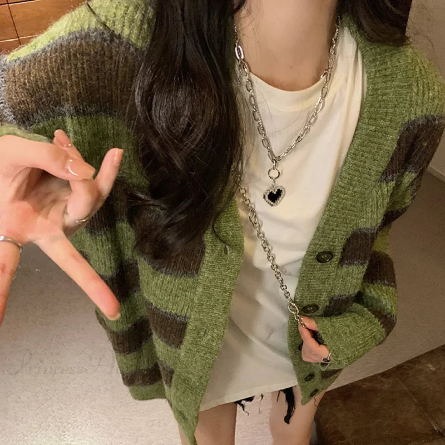 Retro Green Stripe V-Neck Single Breasted Cardigan Green / LIGHT GREEN cardiagn-250126