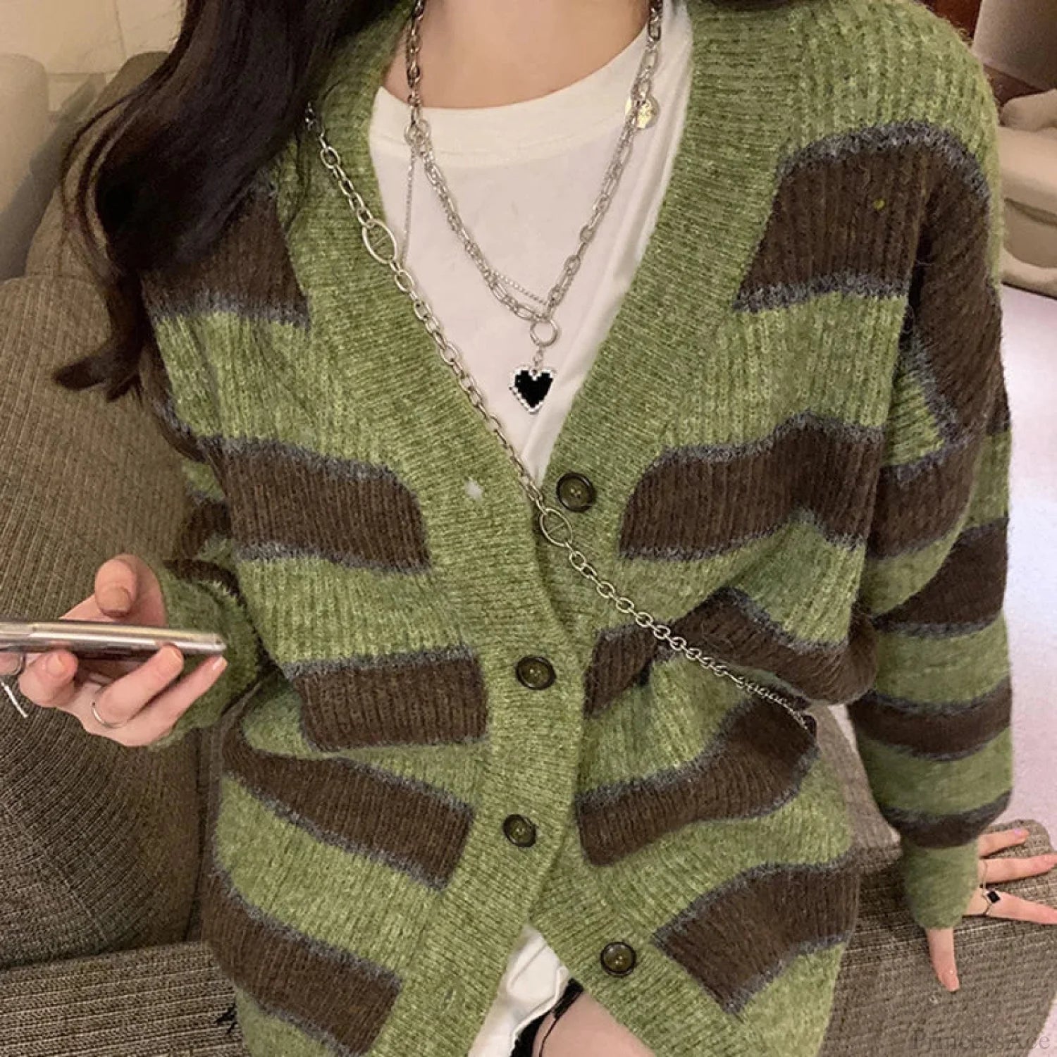 Retro Green Stripe V-Neck Single Breasted Cardigan Green / LIGHT GREEN cardiagn-250126