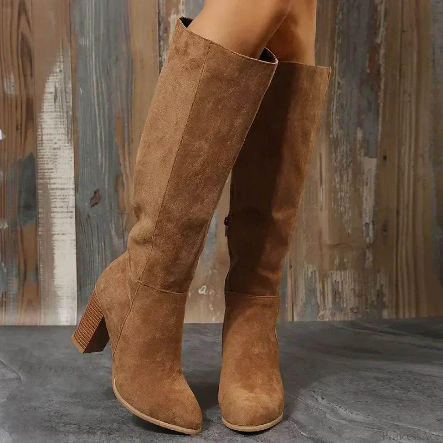 Retro High Heel Western Cowboy Chunky Winter Warm Plush Leather Suede Knee High Boot