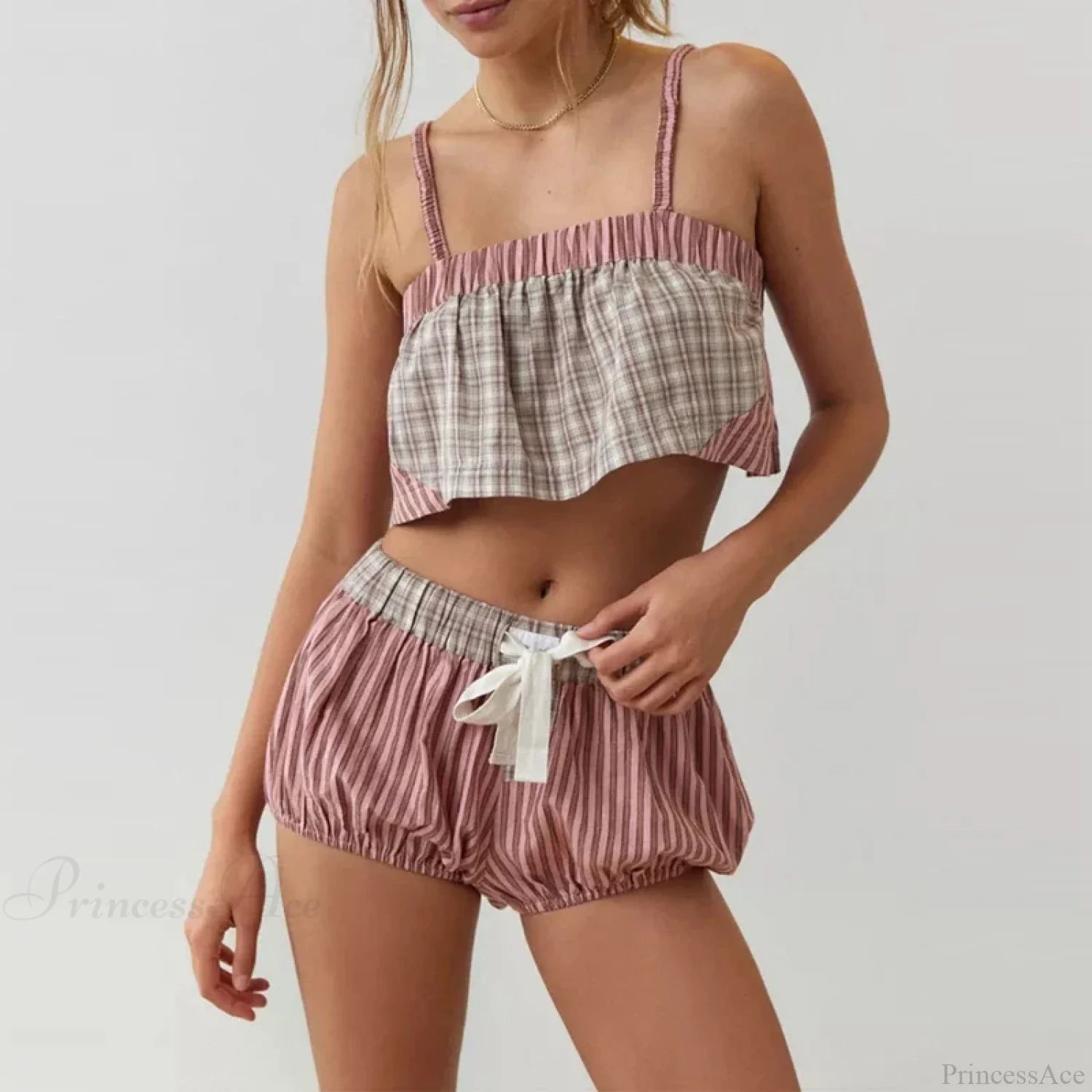Retro Kawaii Plaid Patchwork Camis Crop Top Shorts Two Pieces Set pink / S twopiecesset-250126