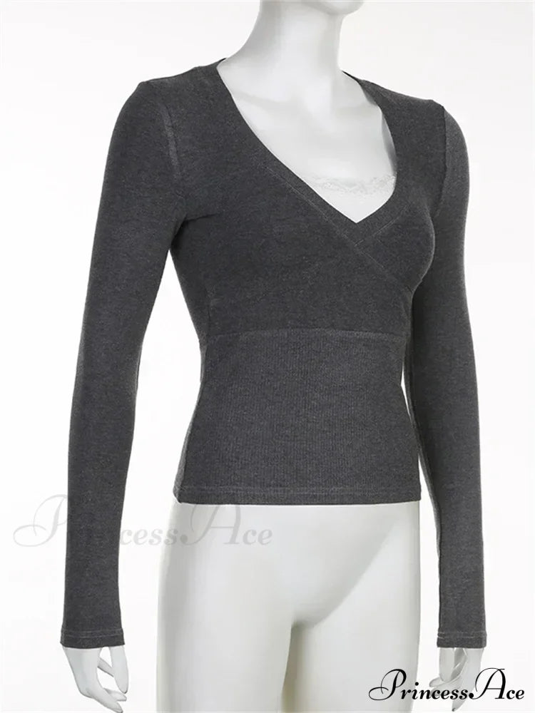 Retro Lace Patchwork Slim Fitlong Sleeve V-Neck T-Shirts