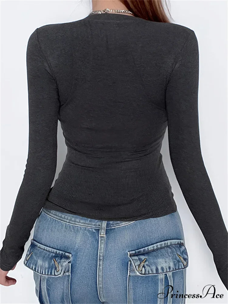Retro Lace Patchwork Slim Fitlong Sleeve V-Neck T-Shirts