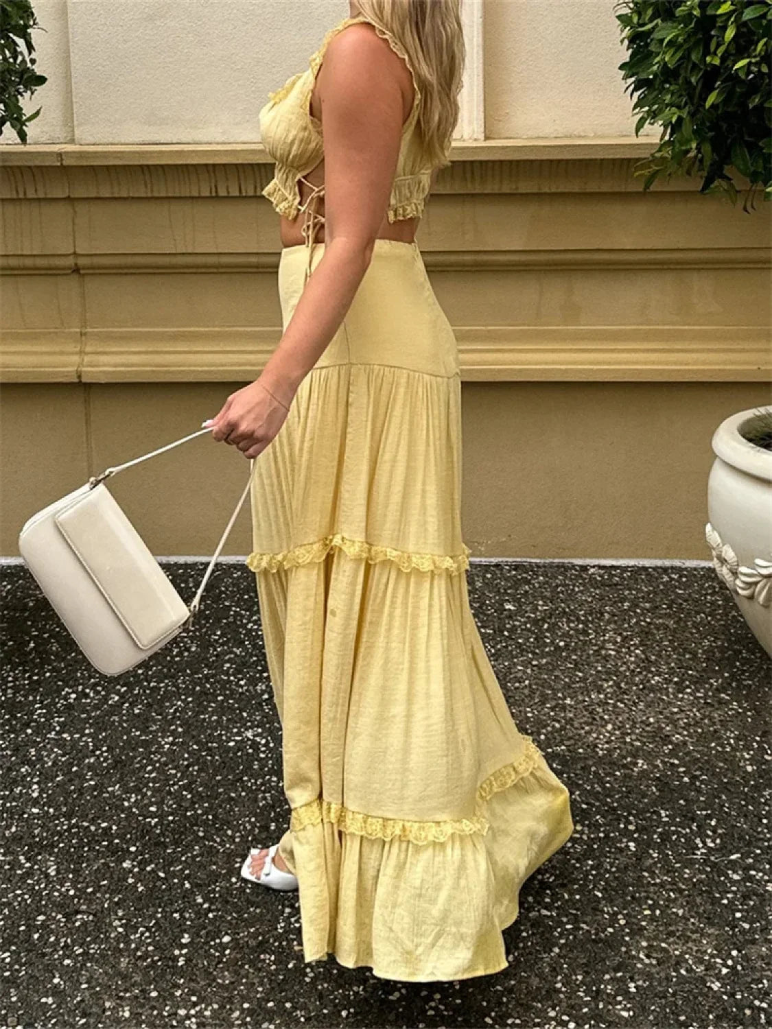 Retro Lace Trim Sleeveless Square Neck Tank Crop Top with Long Skirt Set twopiecesset-250126