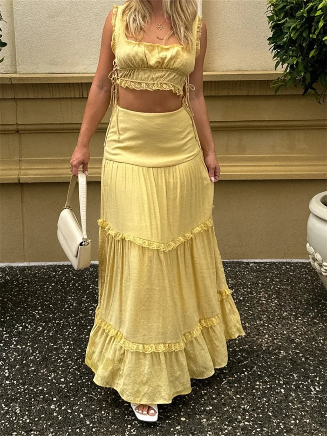 Retro Lace Trim Sleeveless Square Neck Tank Crop Top with Long Skirt Set twopiecesset-250126