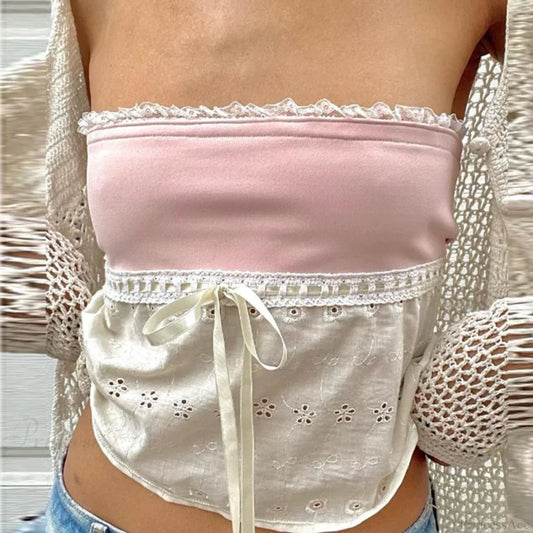 Retro Lace Trim Strapless Tube Crop Top croptop-250126