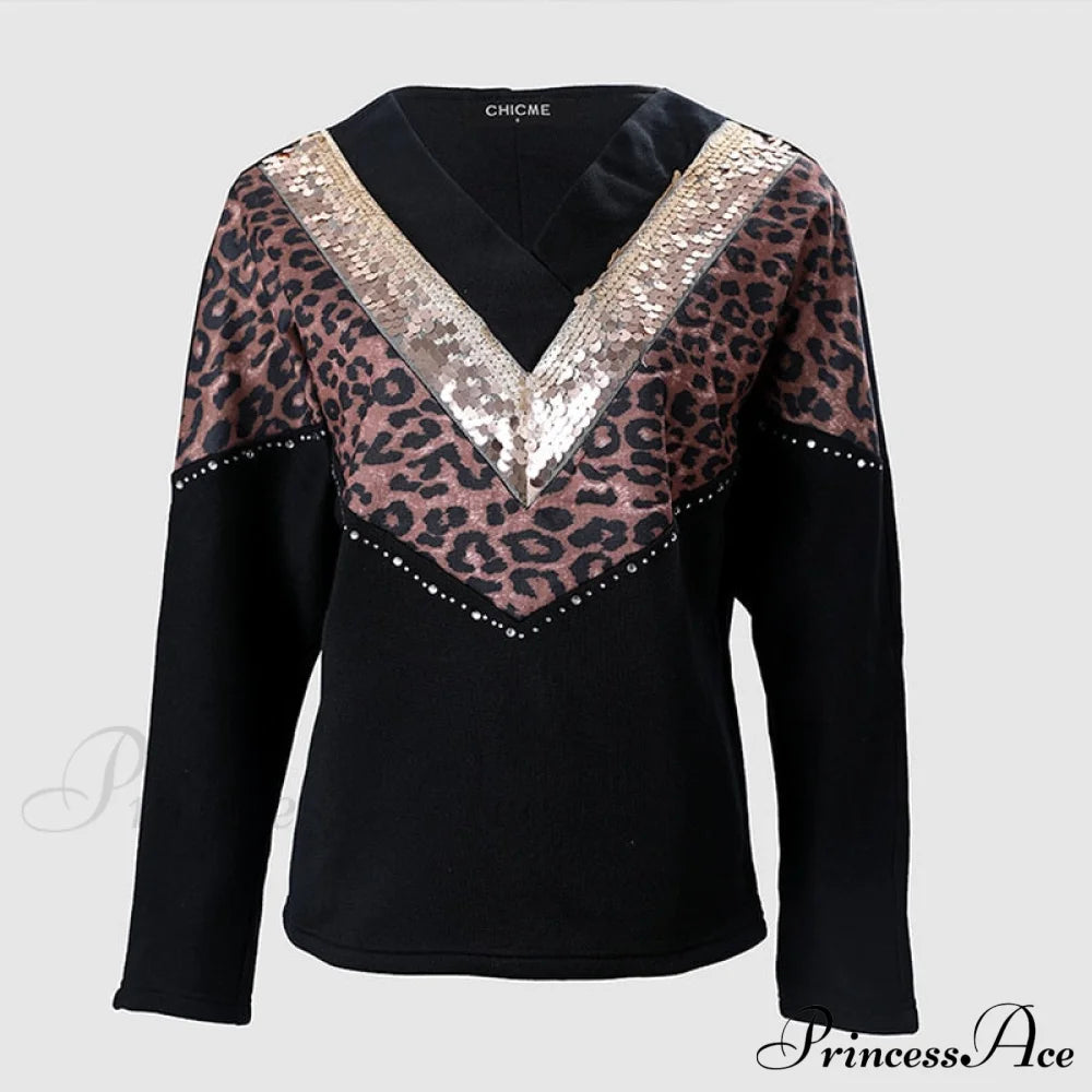 Retro Leopard Print Contrast Color V-Neck Pullover