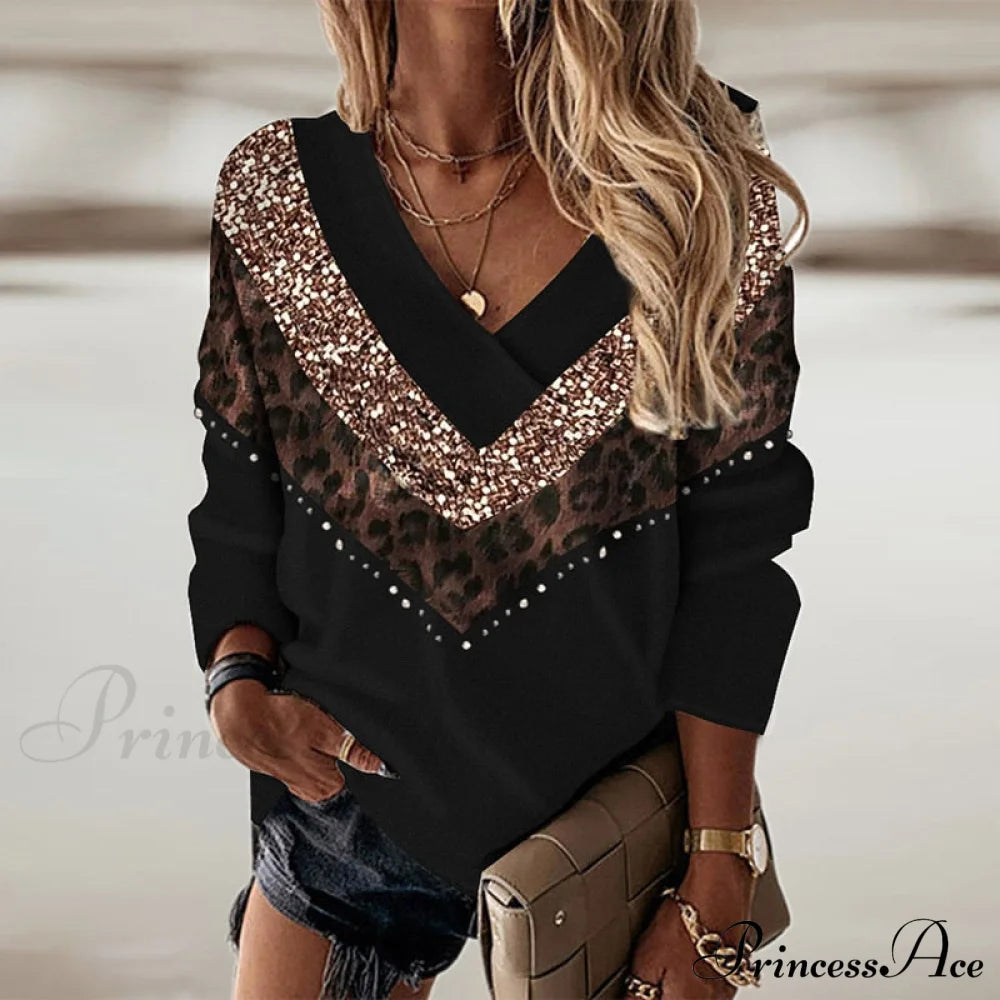 Retro Leopard Print Contrast Color V-Neck Pullover