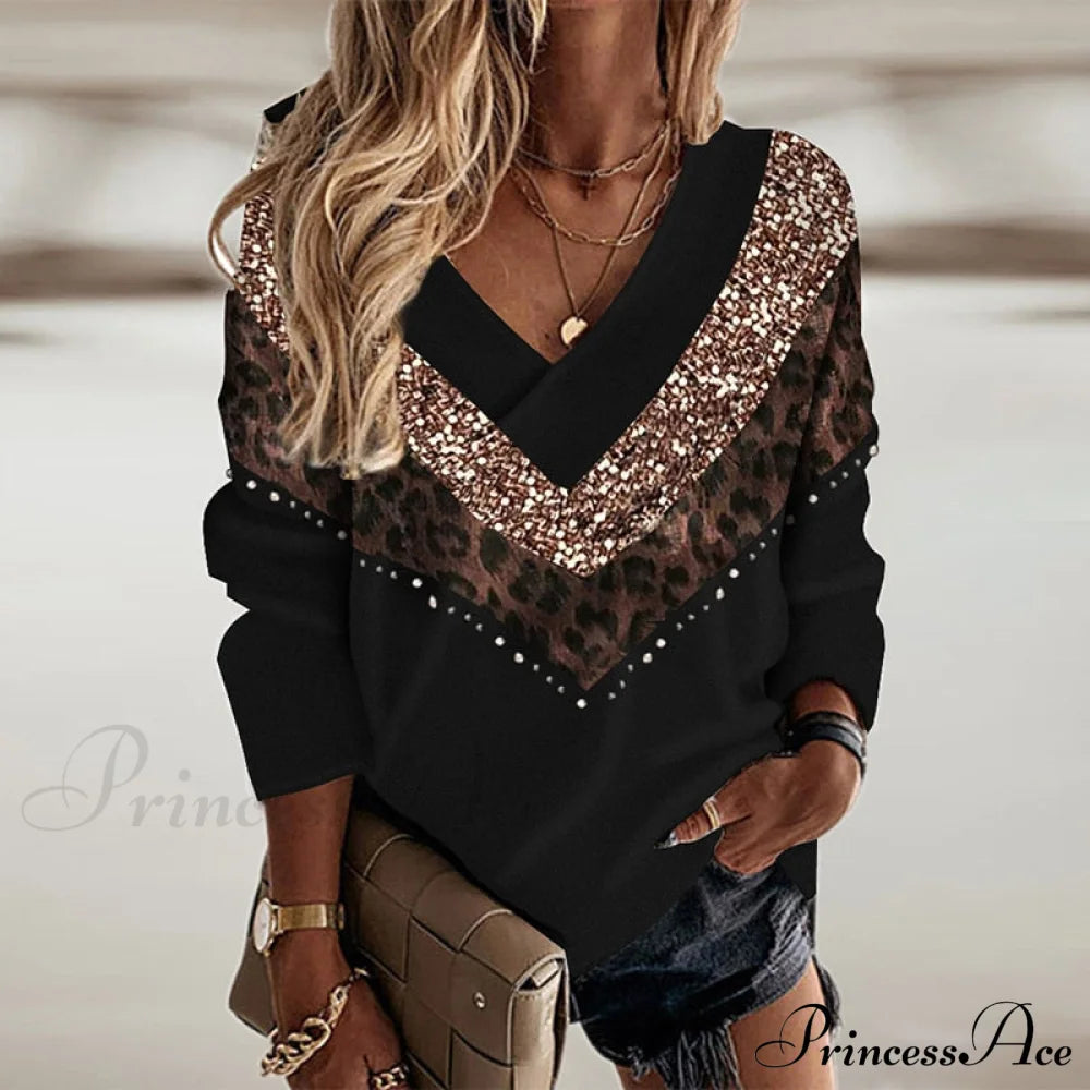 Retro Leopard Print Contrast Color V-Neck Pullover