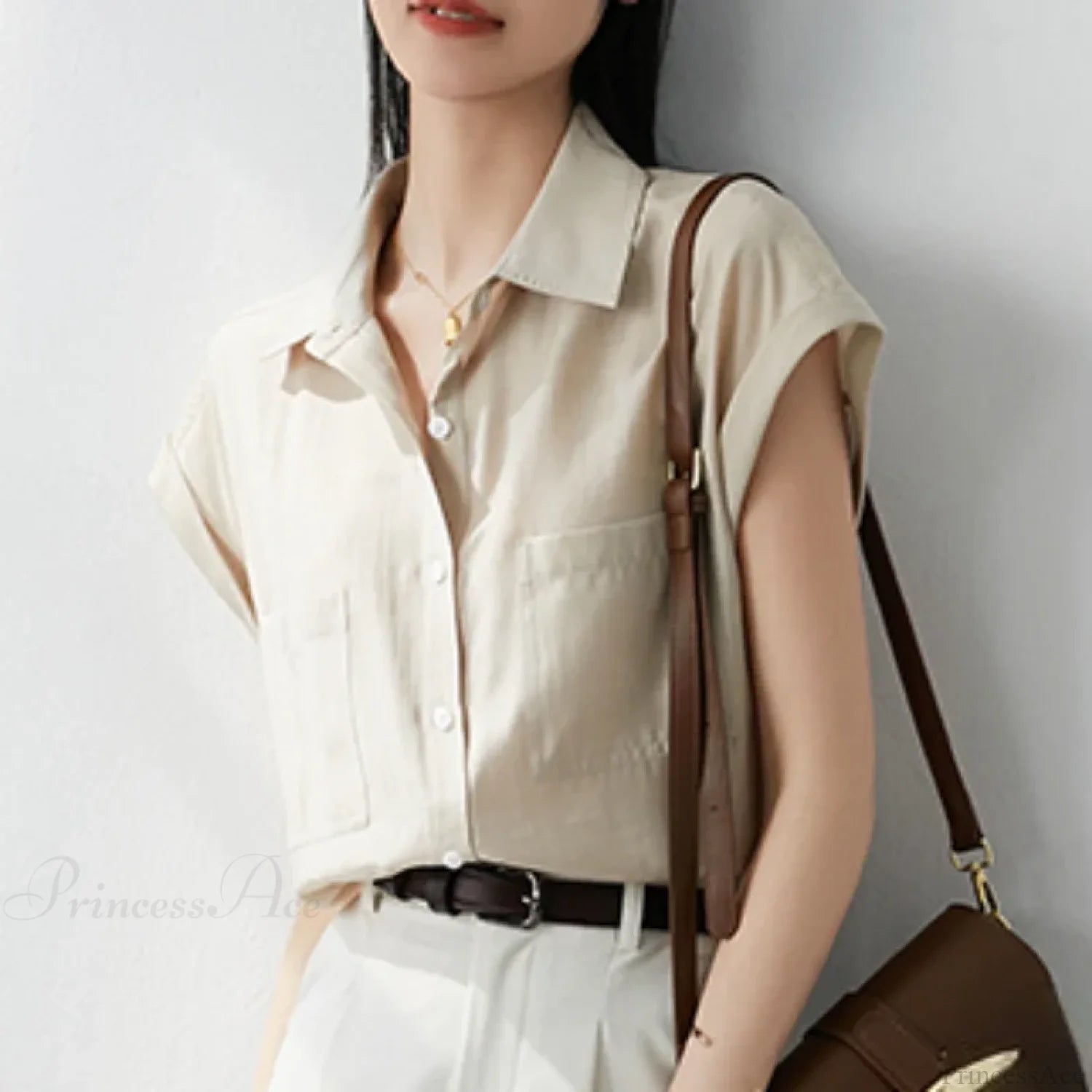 Retro Loose Lapel Pocket Short Sleeve Blouse blouse-250126