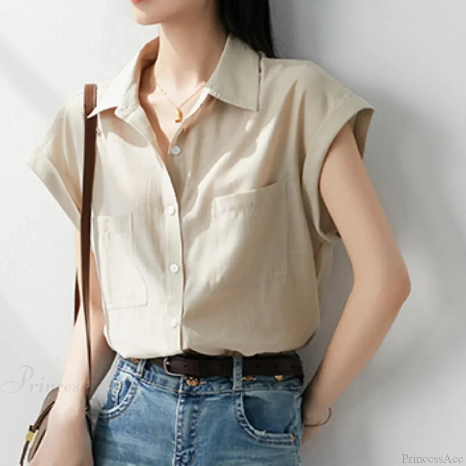 Retro Loose Lapel Pocket Short Sleeve Blouse Khaki / S blouse-250126