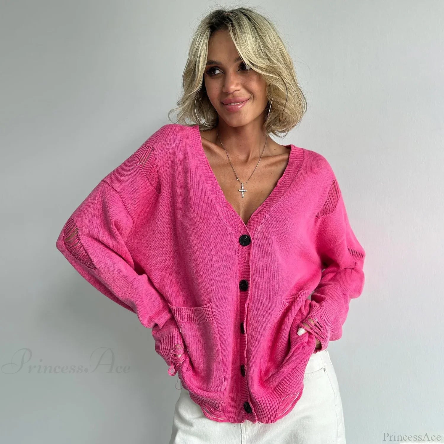 Retro Oversized Soft Button Knitted Cardigan Pink / S cardiagn-250126
