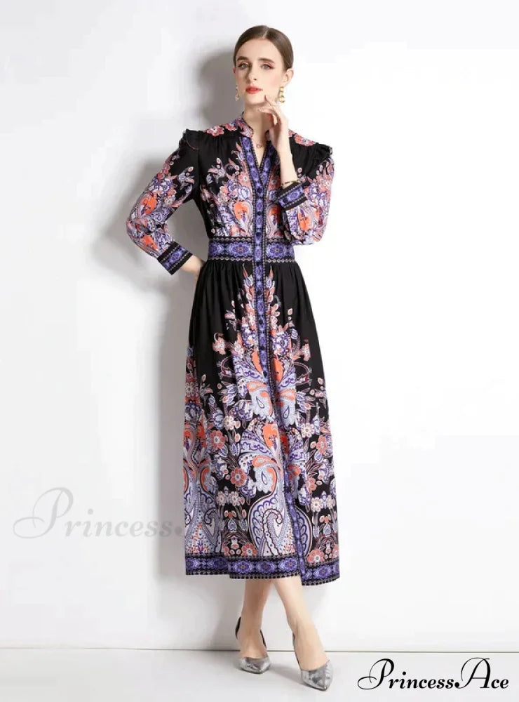 Retro Palace Long Sleeve Slim Dress With Print M / Purple