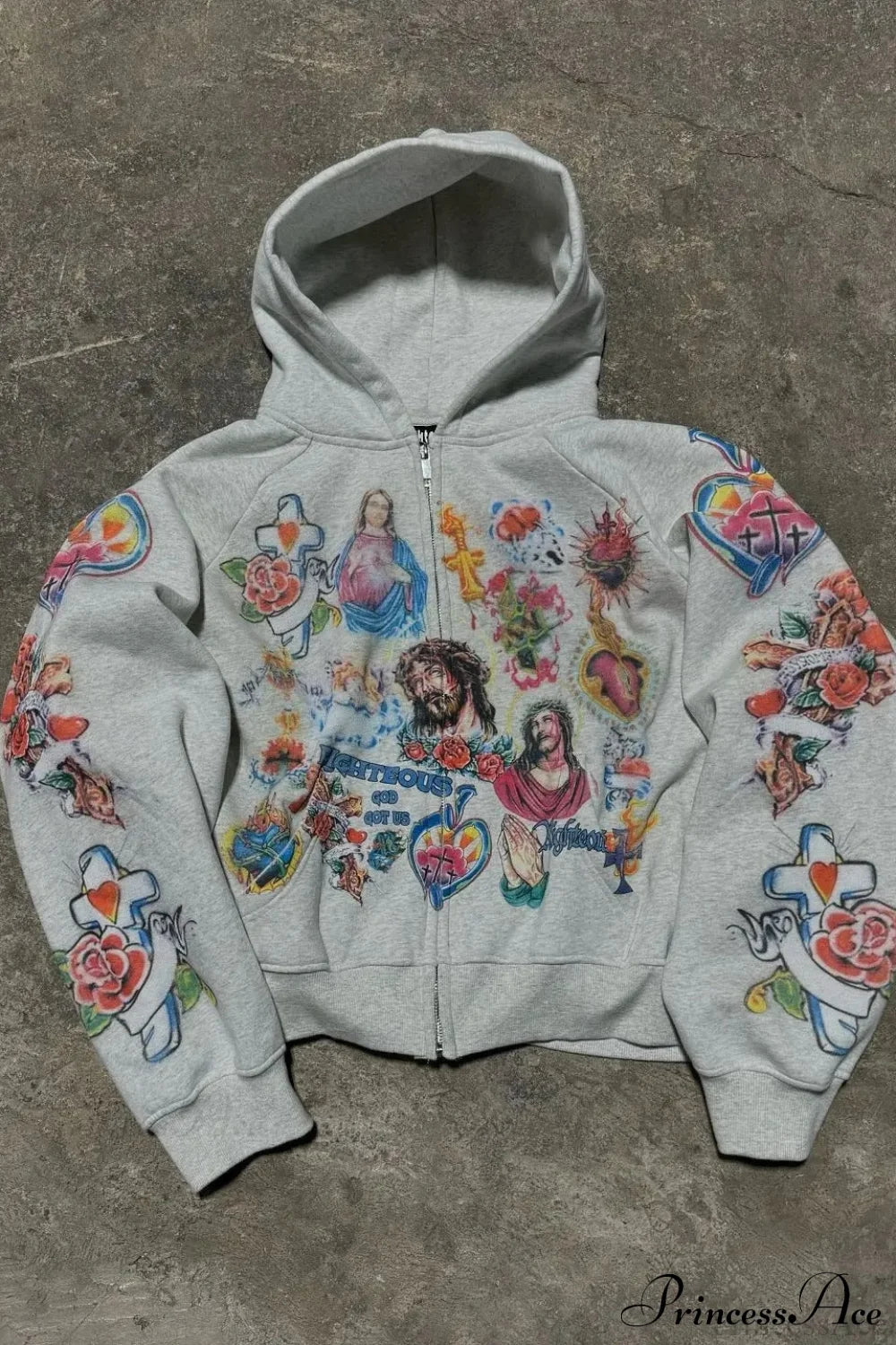 Retro Pattern Printed Loose Hoodie Grey / S