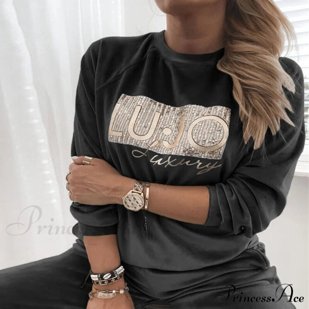 Retro Round Neck Velvet Letter Print Sequin Sweatshirt Black / S