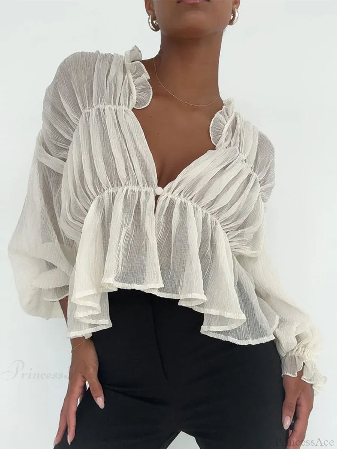 Retro Sheer Mesh Lantern Sleeve Blouse Ivory / S blouse-250223