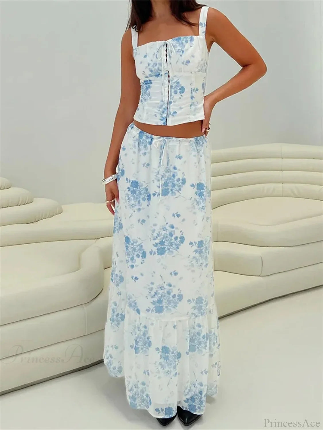 Retro Square Neck Button Up Tank Top Flower Print Long Skirt BLUE / S skirt-250126