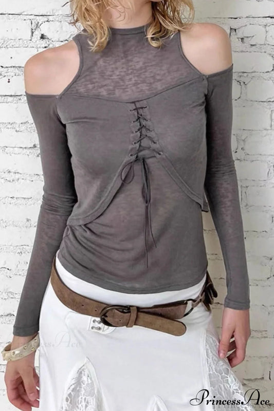 Retro Streetwear Off-Shoulder Turtleneck Long-Sleeve Knit Top Grey / S