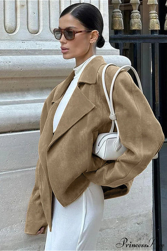 Retro Suede Blazer collar Loose Work Coat Khaki / S
