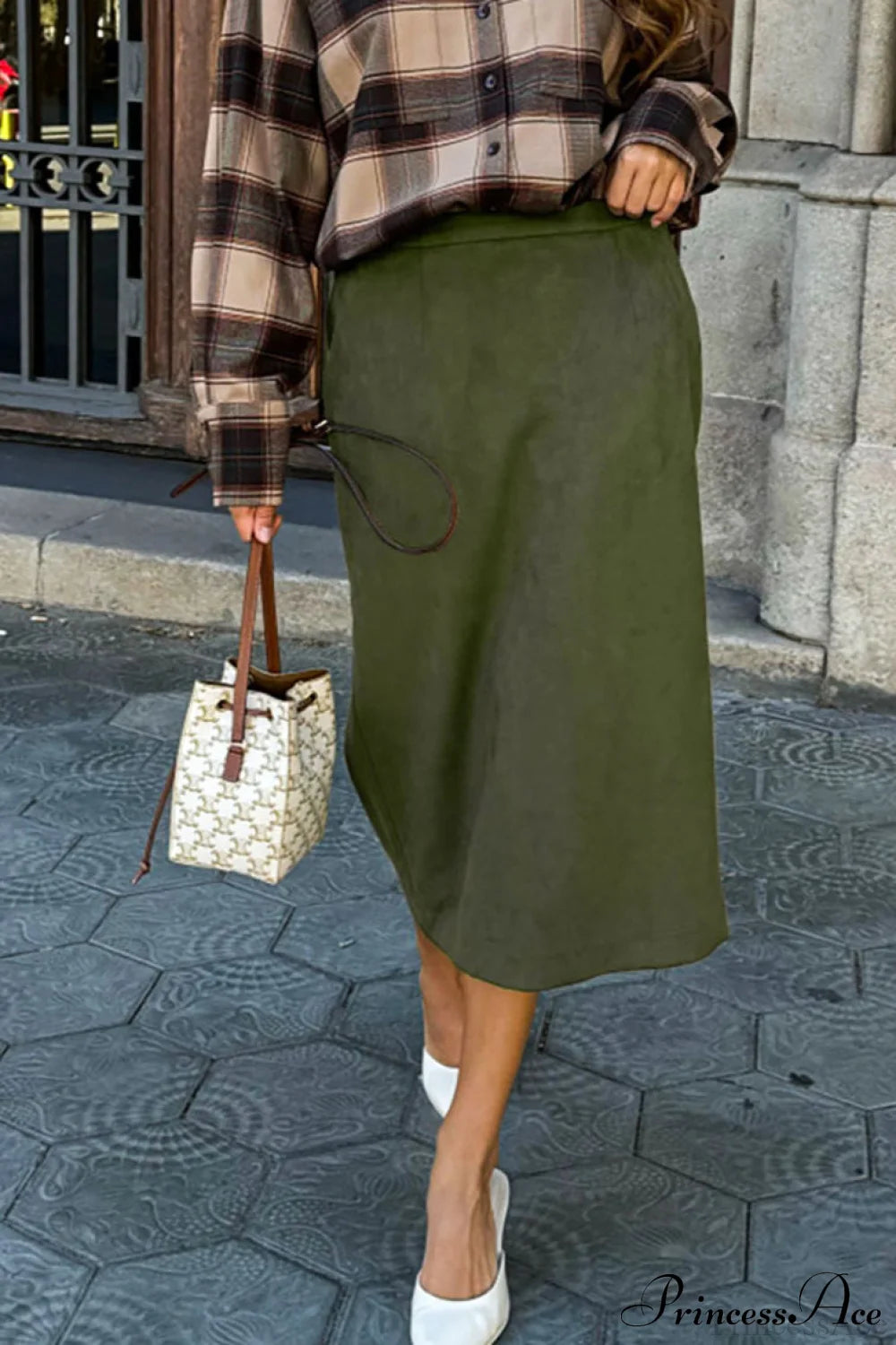 Retro Suede Straight Green Skirt