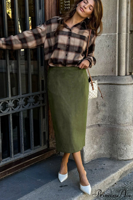 Retro Suede Straight Green Skirt Green / S