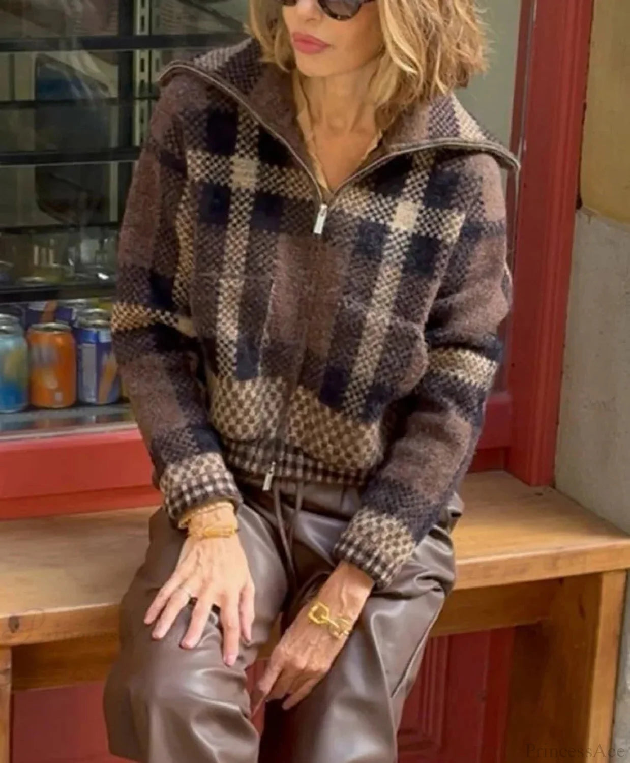 Retro Zipper Loose Long Sleeve Knit Cardigan Brown / S cardiagn-250126