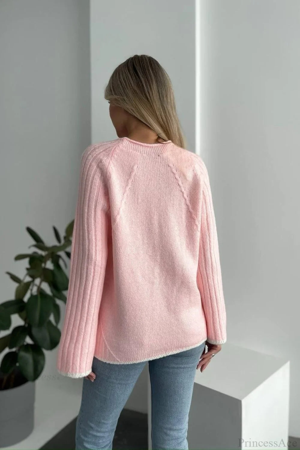 rewneck Ribbed Base Bell Sleeve Loose Sweater