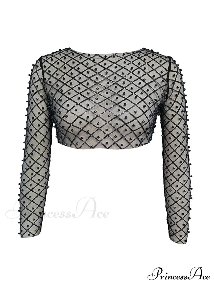 Rhinestone Beaded Y2K Slim Long Sleeve Stylish Elegant Trendy Chic Mesh Crop Top
