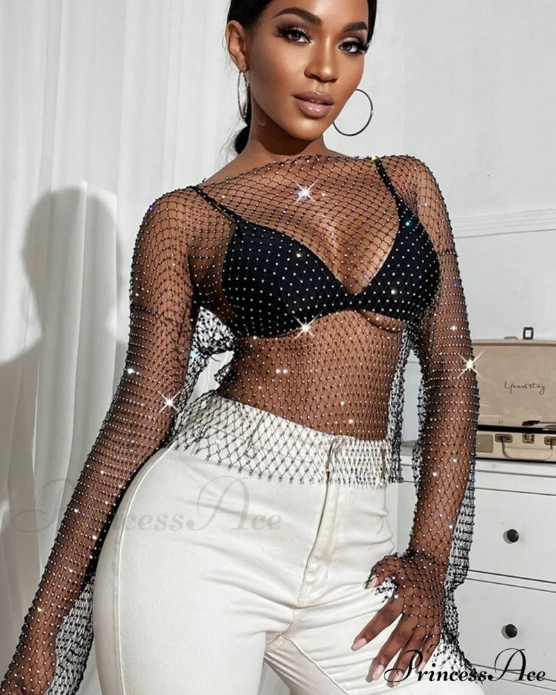 Rhinestone Club Tank Women’s Top Party Warm-Season - Mesh Crop