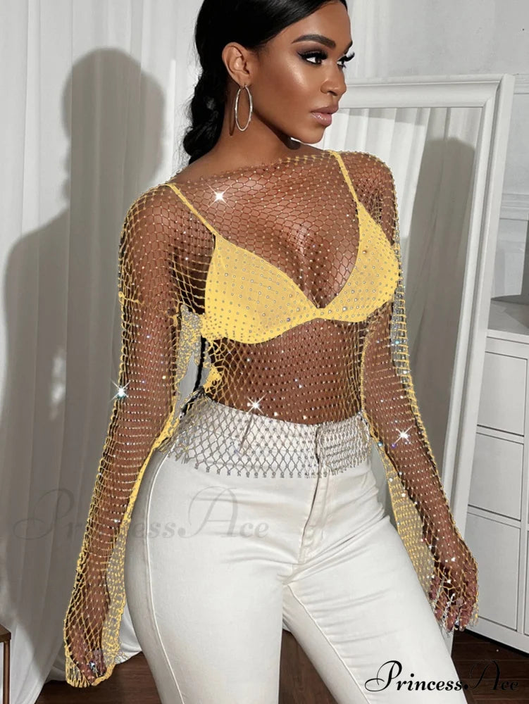 Rhinestone Club Tank Women’s Top Party Warm-Season - Mesh Crop O-Neck-Gold / Xs