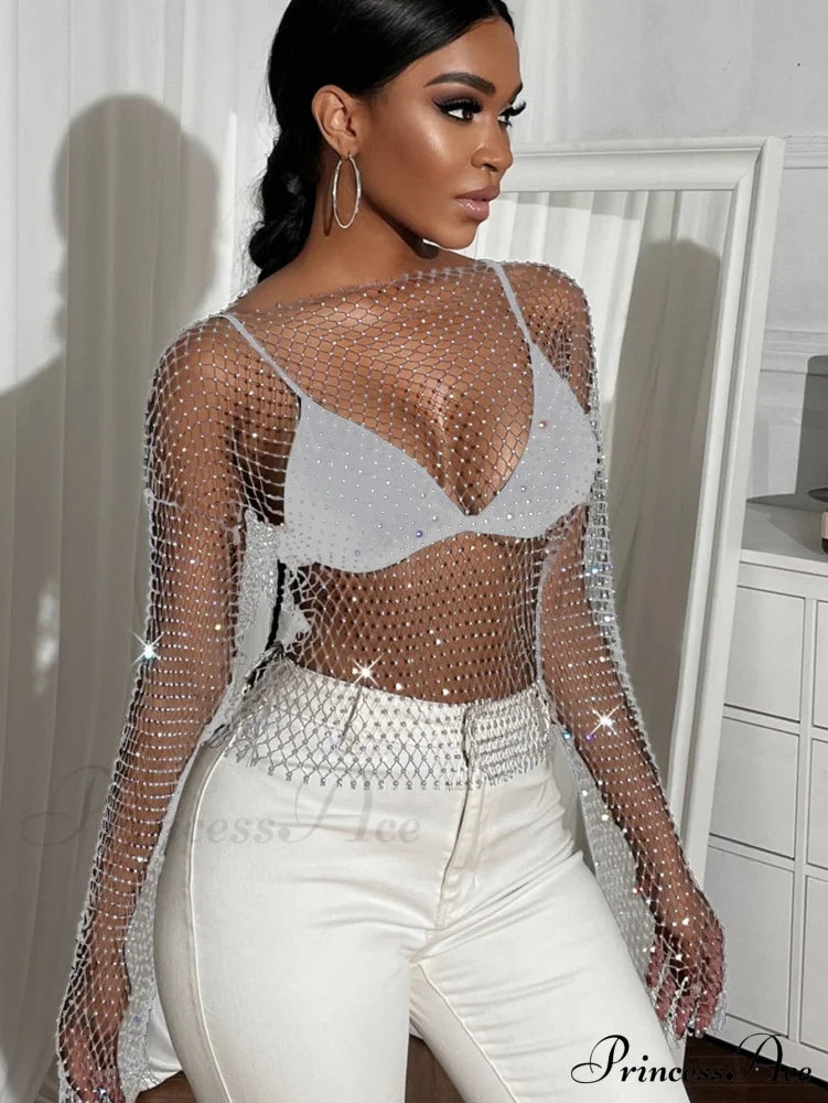 Rhinestone Club Tank Women’s Top Party Warm-Season - Mesh Crop O-Neck-Silver / Xs