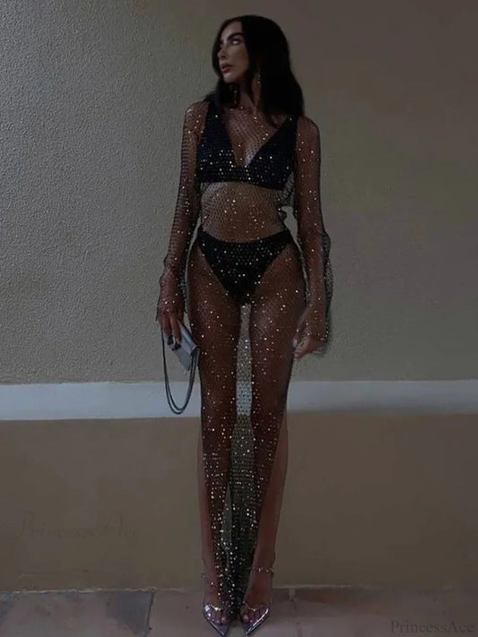 Rhinestone Fishnet Long Sleeve Party Dress Partydress-241208