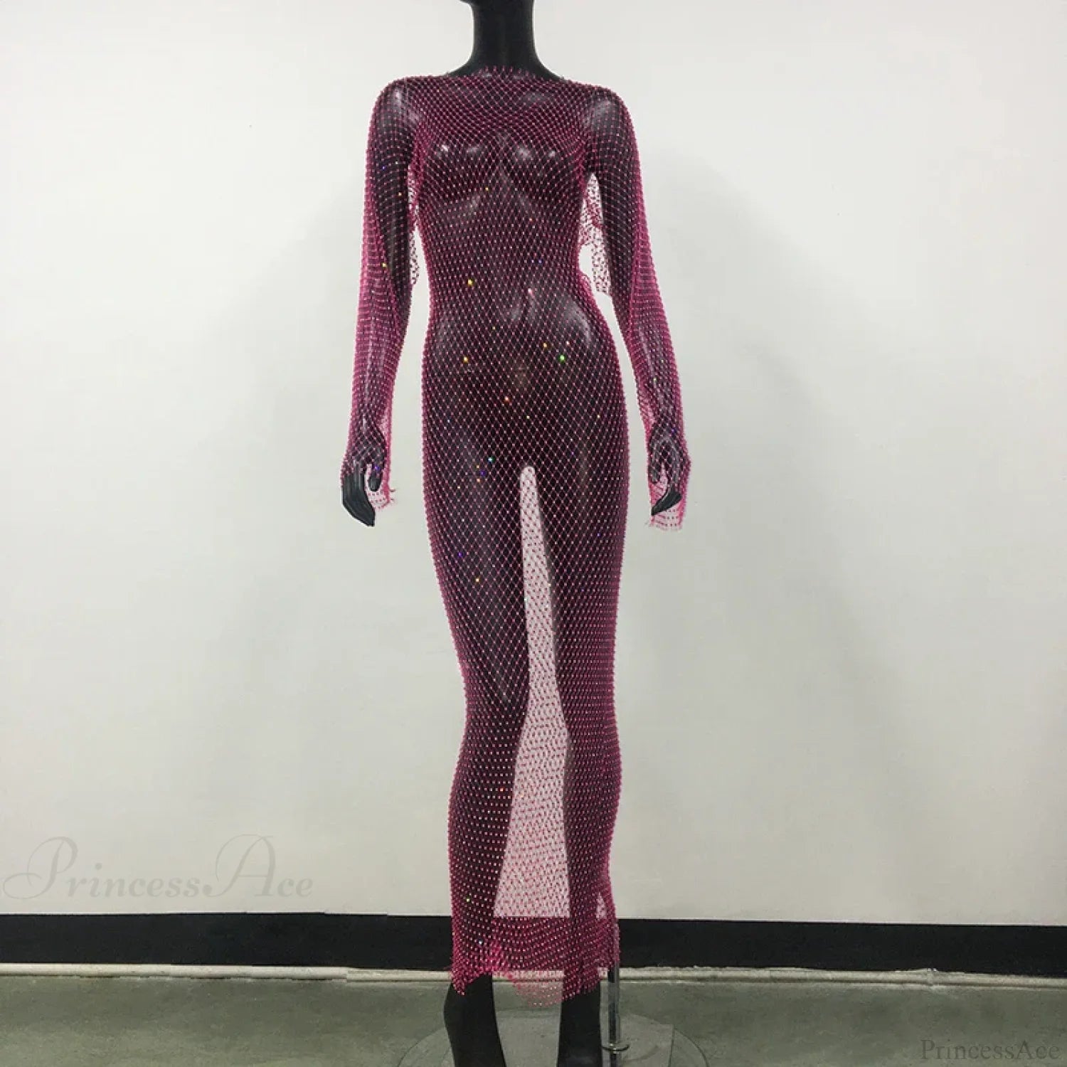 Rhinestone Fishnet Long Sleeve Party Dress Rose Red Normal / One Size Partydress-241208