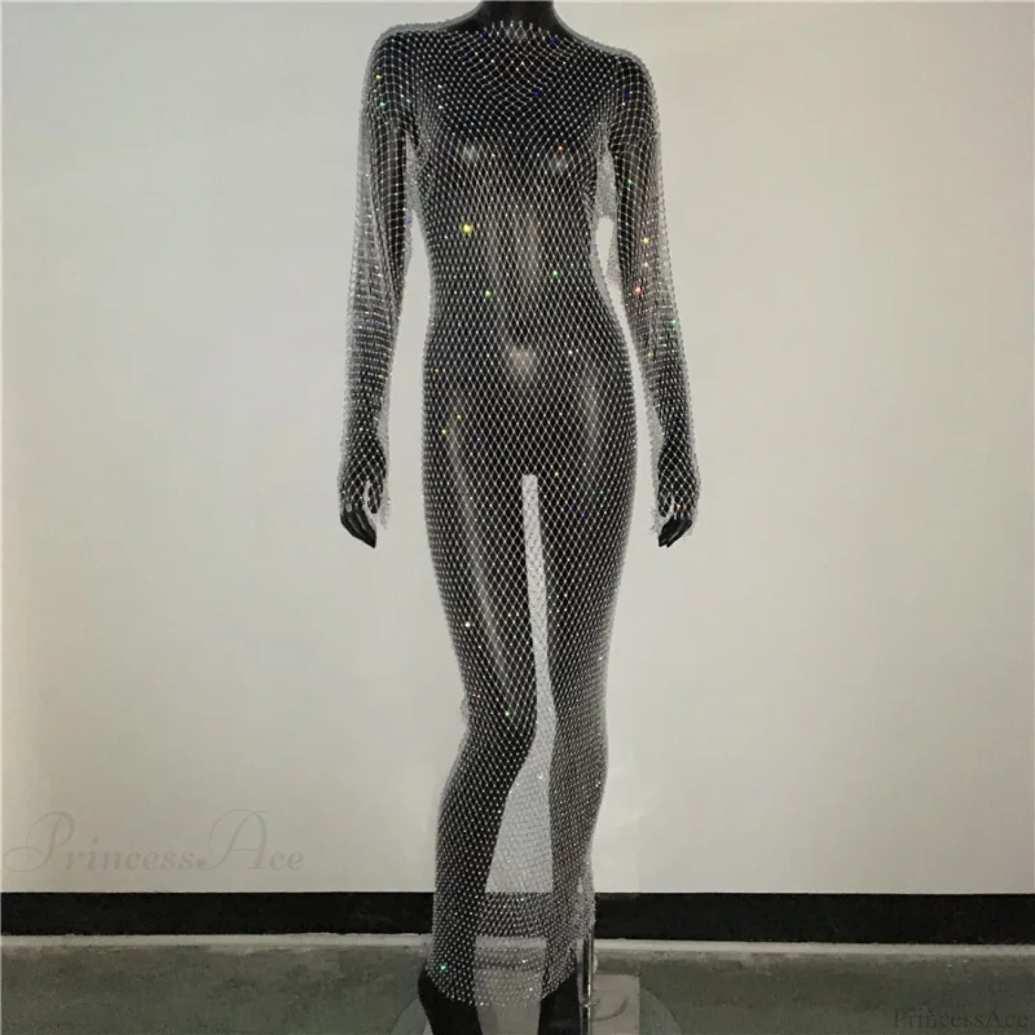 Rhinestone Fishnet Long Sleeve Party Dress White Normal / One Size Partydress-241208