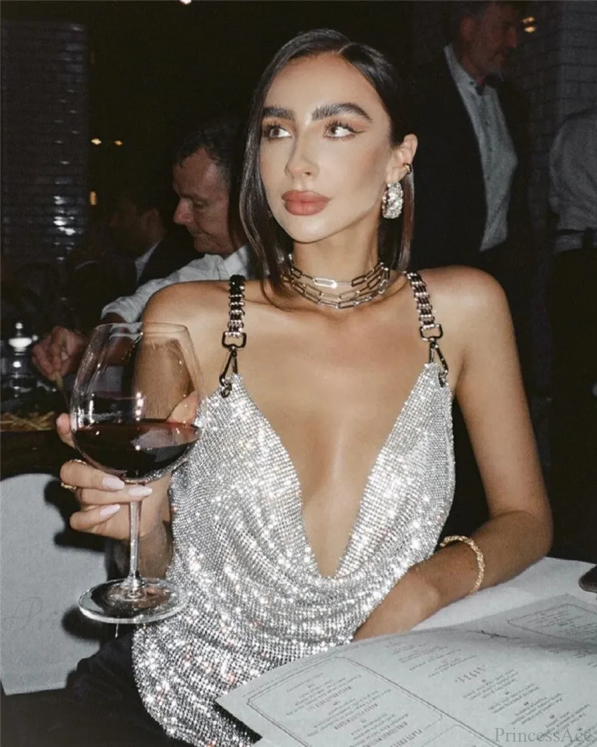 Rhinestone Grid Fishnet Party Dress Silver / One Size