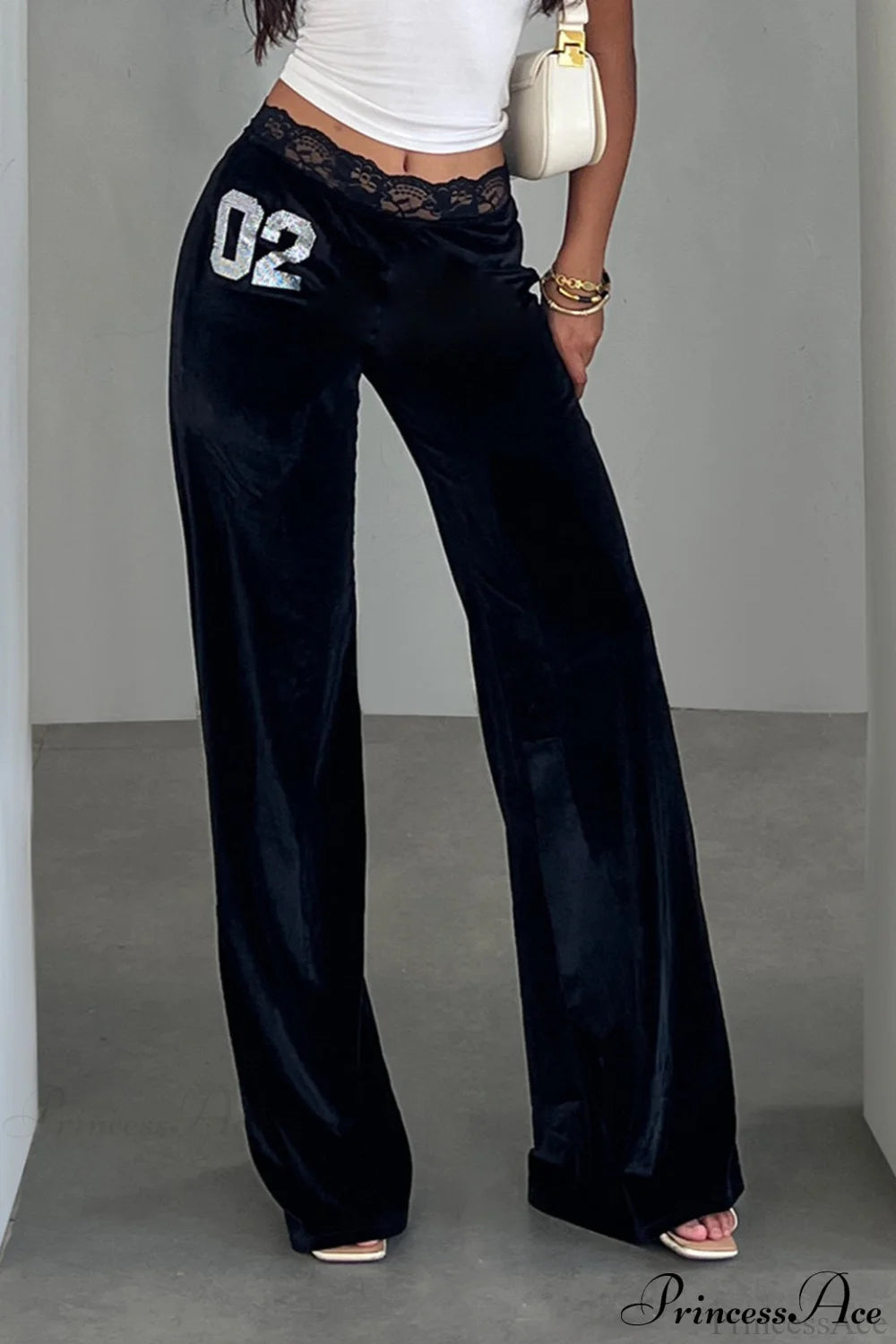 Rhinestone Lace Waist Patchwork Velvet Pants