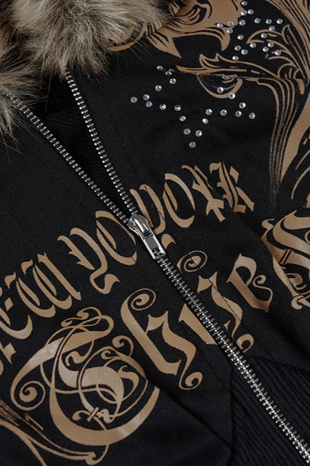 Rhinestone Printed Irregular Zipper Slim Fleece Hoodie