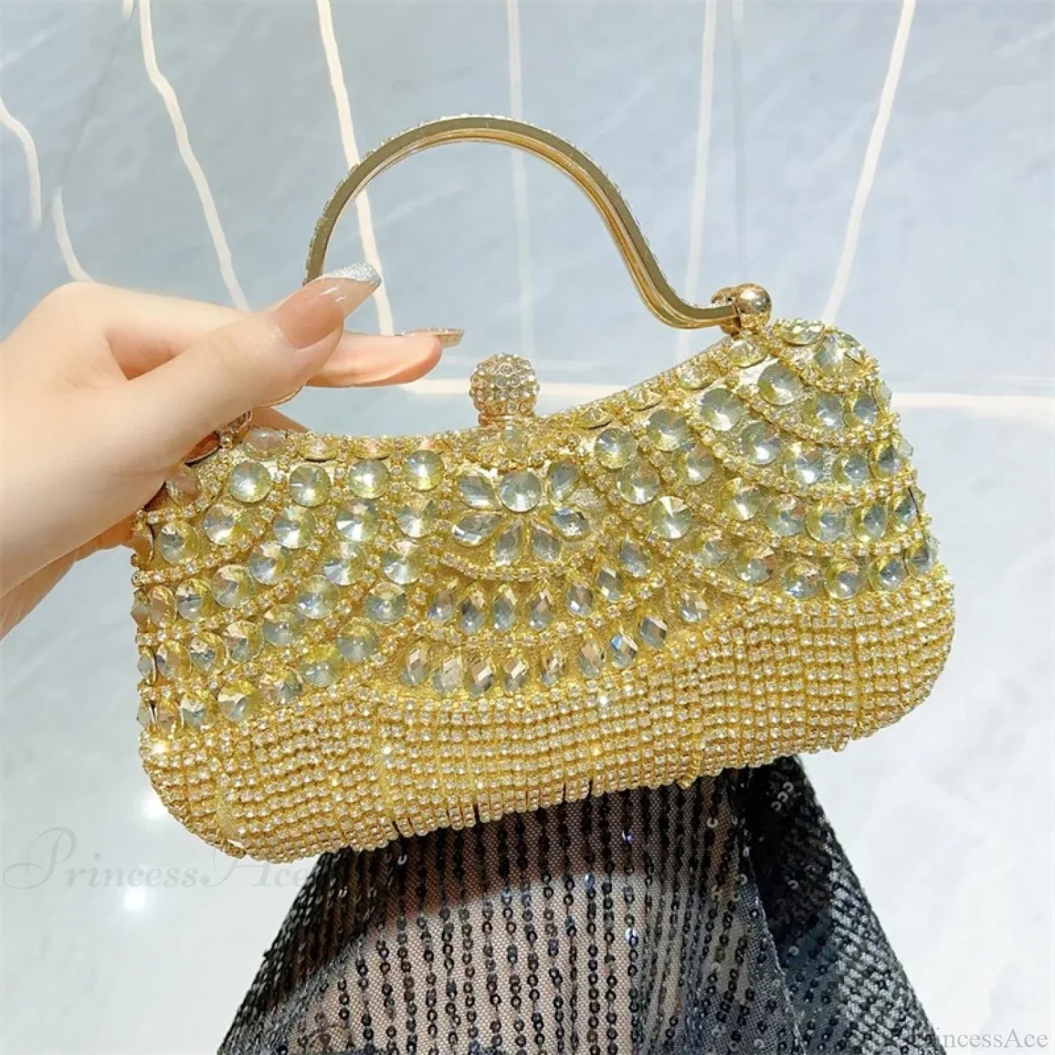 Rhinestone Silver Sparkling Tassel Shoulder Evening Clutch Bag Gold clutchbag-250126