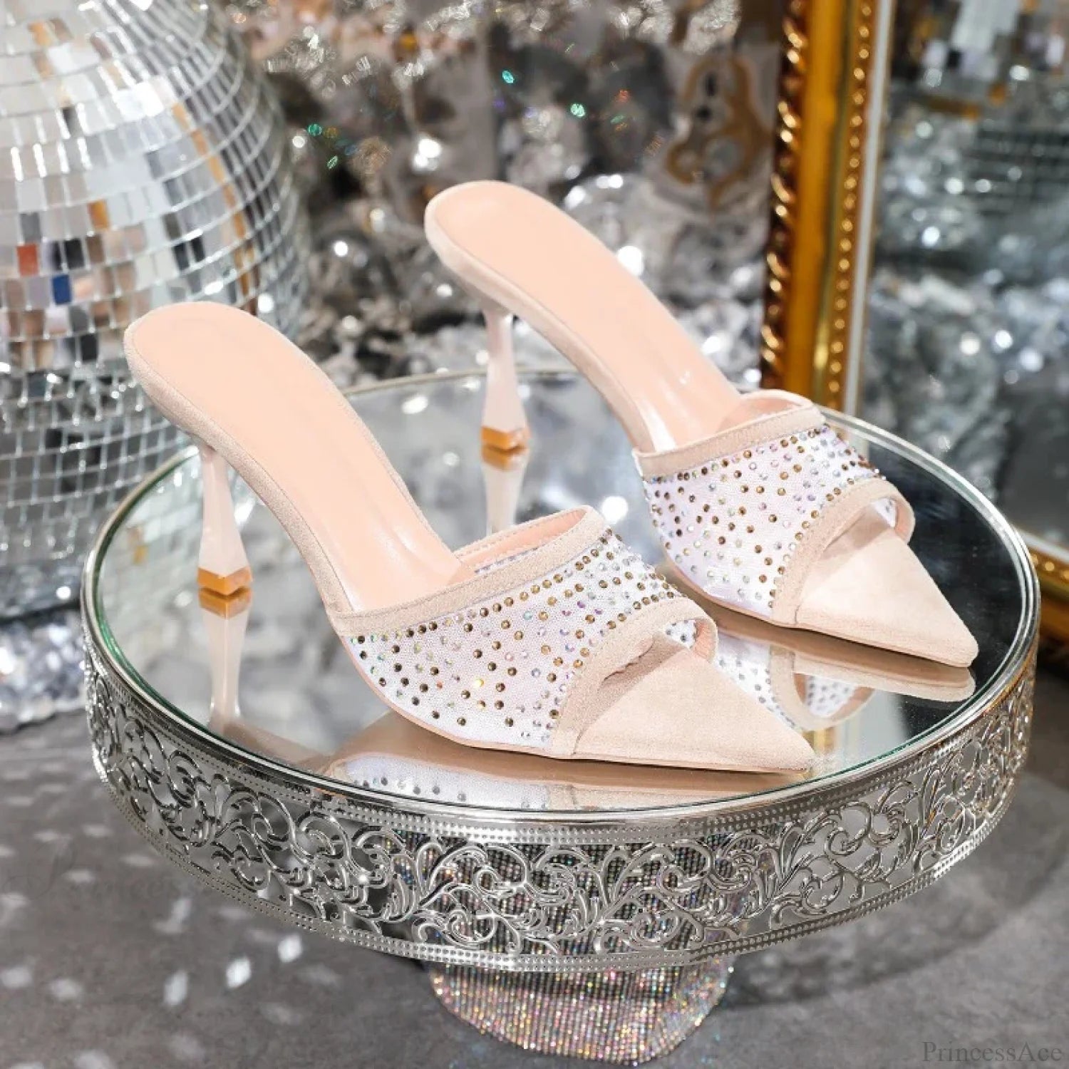 Rhinestone Slippersfashion Stiletto High Heels Pointed Open Toe Slides Party Sandals Heel