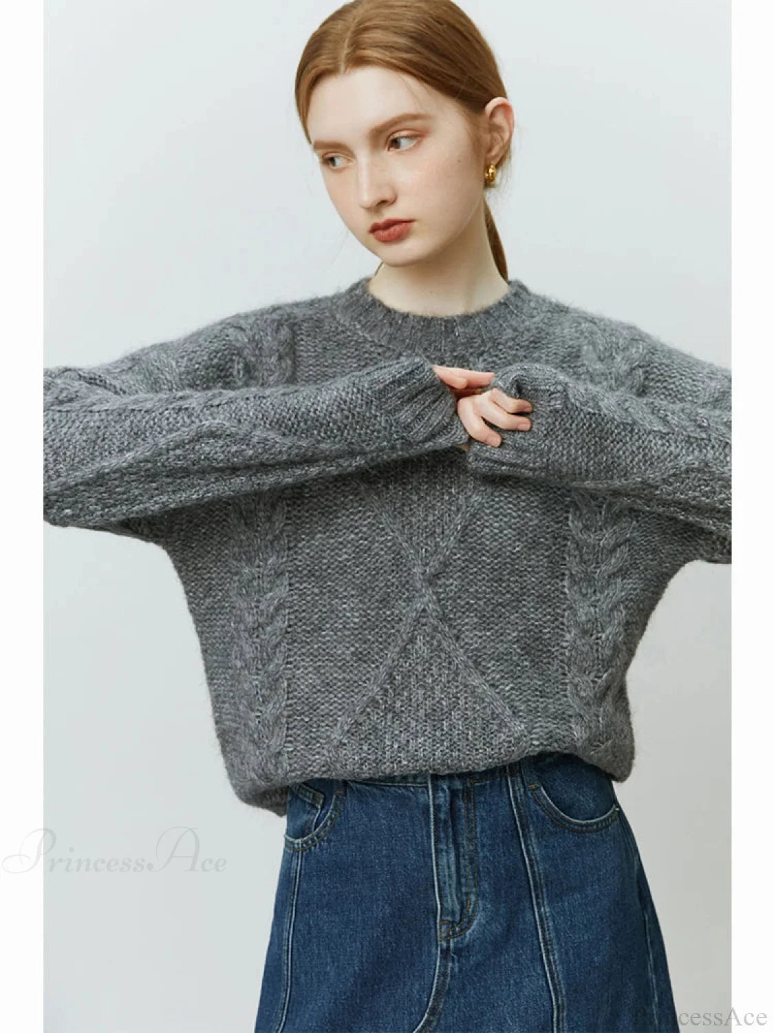 Rhombus Pattern Twist Knitted Pullover Sweater GRAY / S
