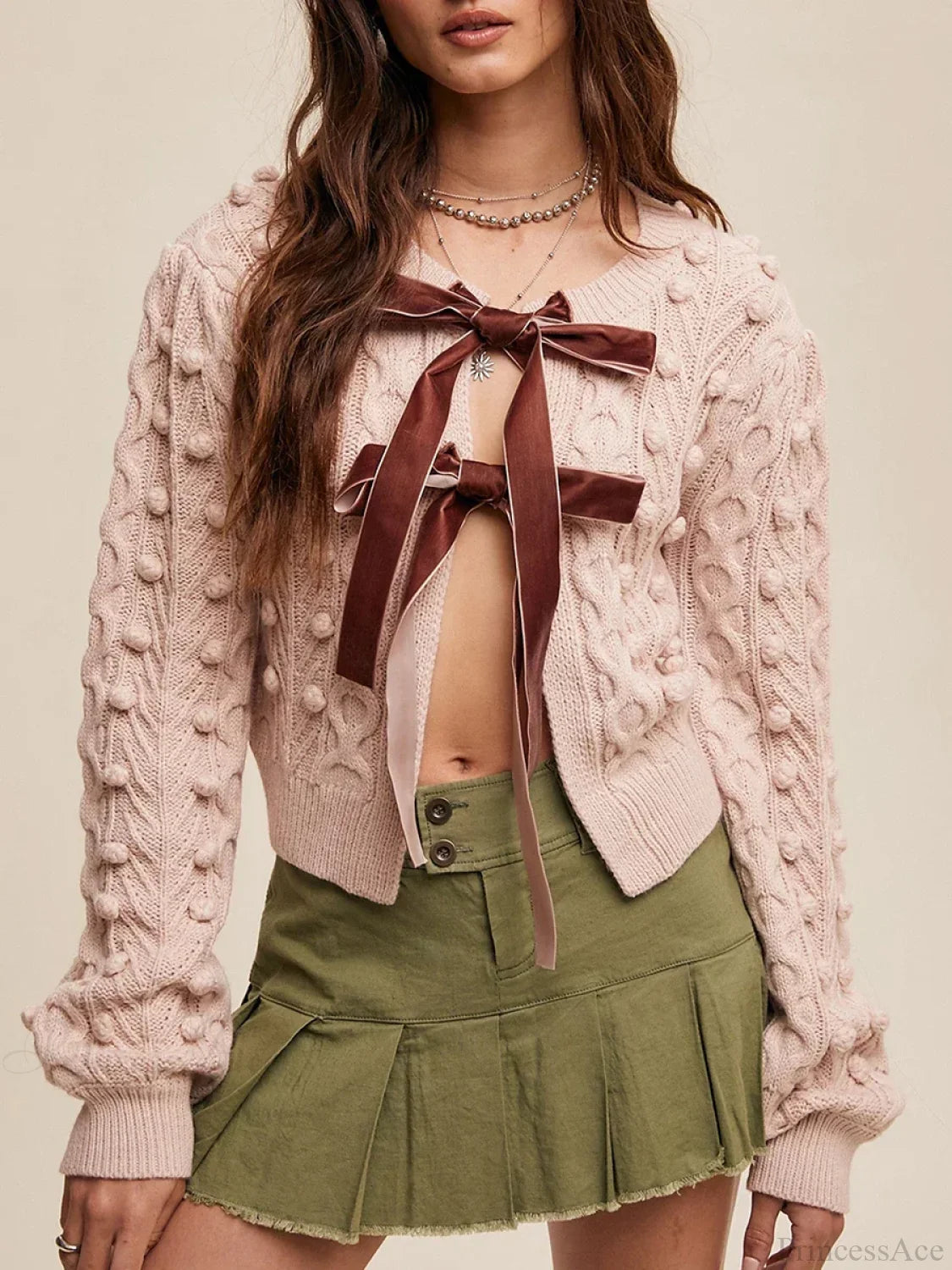 Ribbed Bow Tie Cable Knit Cardigan