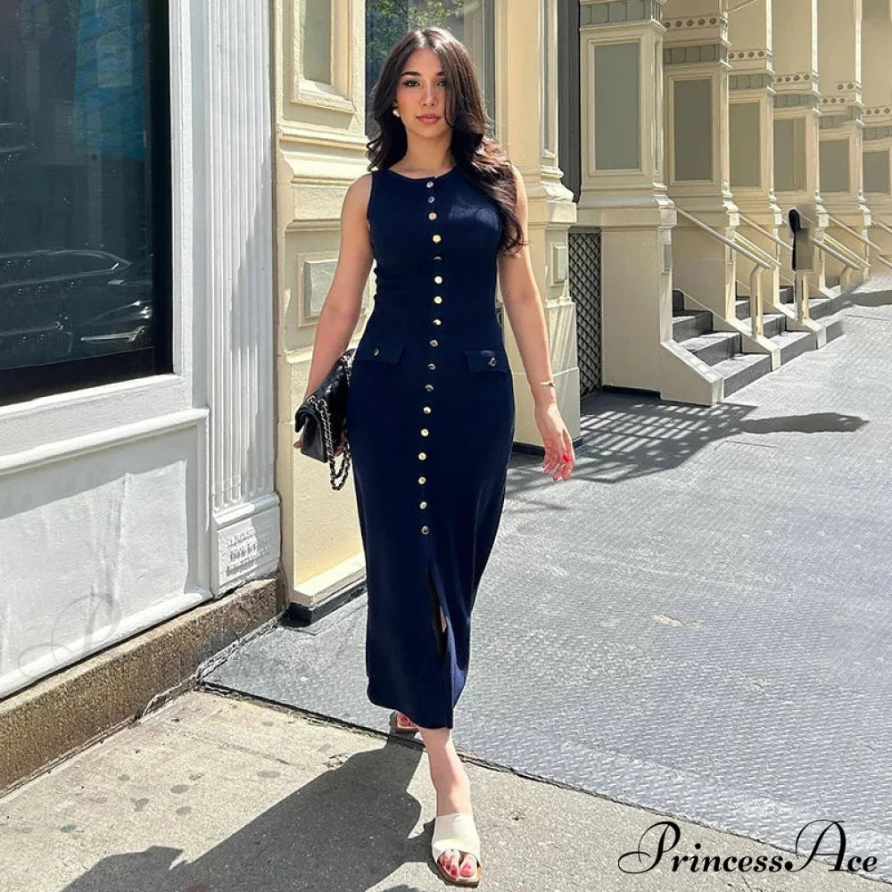Ribbed Buttoned Stylish Midi Dress Solid Long